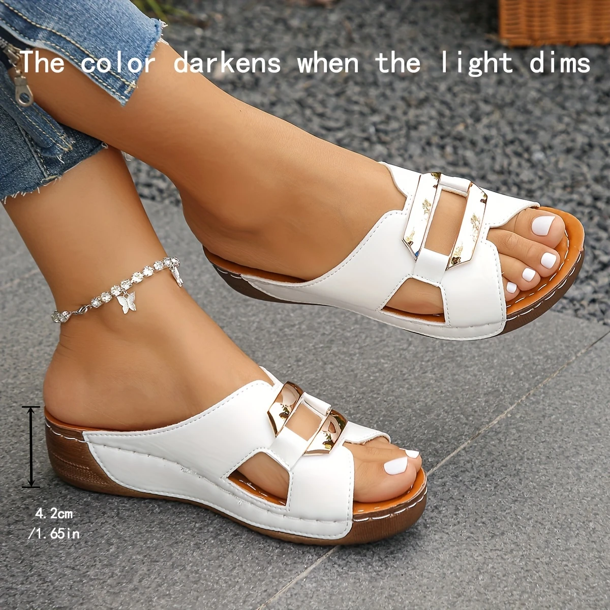Women's Summer Sandals - White High Heel Platform Sandals with Golden Square Buckle, Slip-On Open-Toe Design, Thick Comfort Sole & Synthetic Cover for Casual & Formal Outfits
