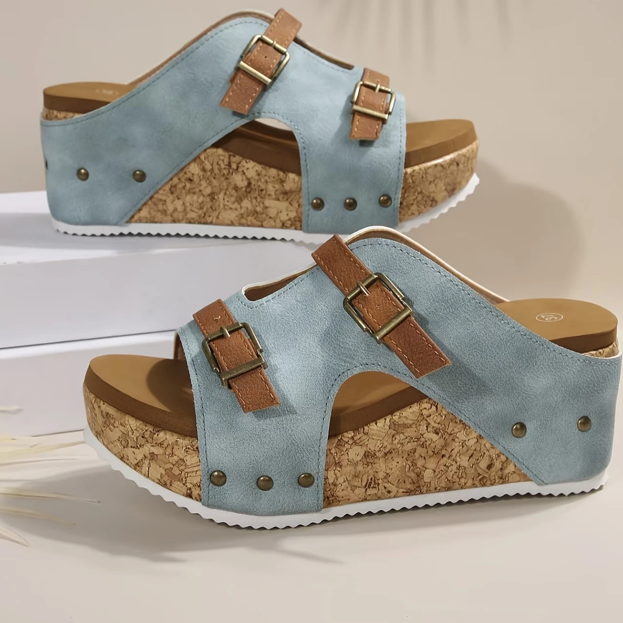 Women'S Plus Size Wedge Sandals with Adjustable Buckle Strap - Thick Cushioned EVA Sole, Open Toe Summer Beach Shoes in Beige & Brown, Comfortable Mid-Heel for Casual Wear, Strappy Sandals