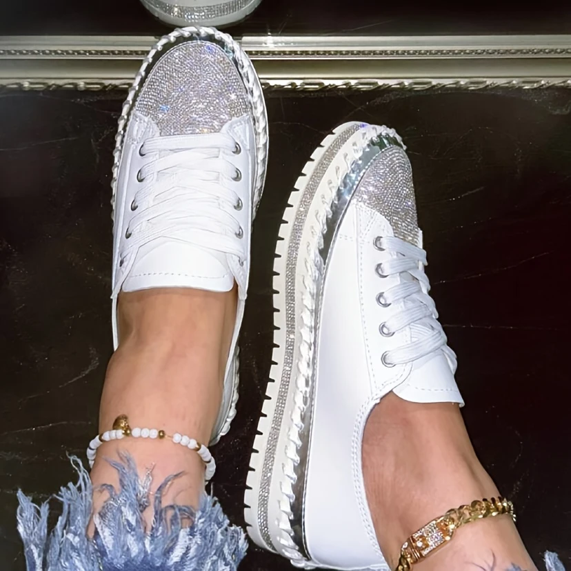 Glittering Rhinestone orthopedic Women's Sneakers, Fashionable Platform Casual Shoes, Plus Size