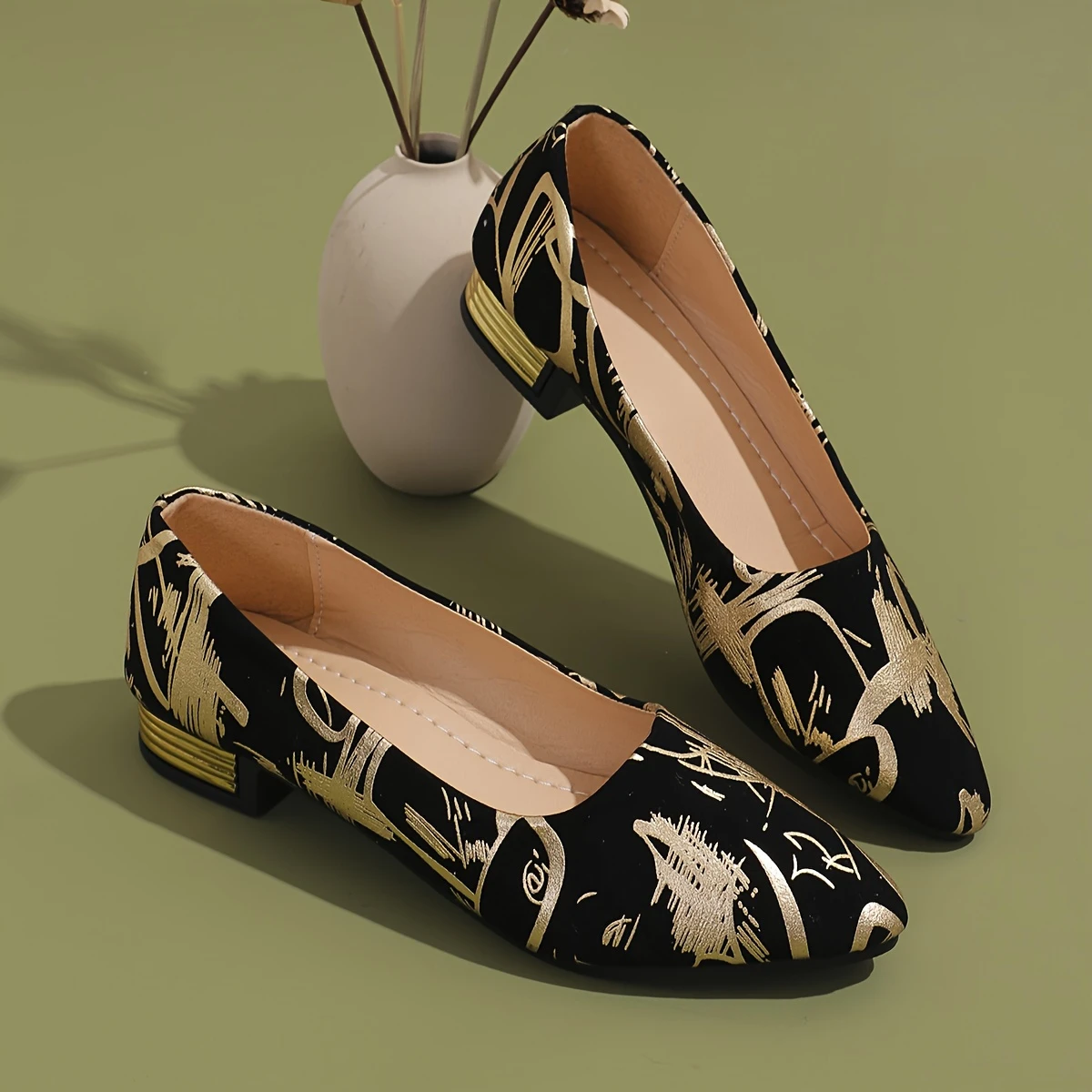 Fashion Women's Shoes, Low-heeled Single Shoes, Ladies' Stylish Single Shoes, Printed Four-season Low-heeled Trendy Women's Shoes