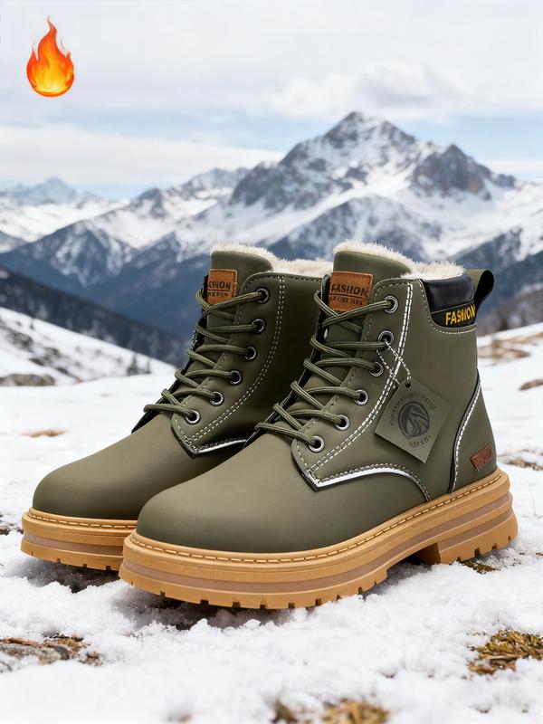 Men's Plain Color British Style Mid-Calf Boots, Fleece Lined Warm, Fashionable Outdoor & Daily Wear, Sporty PU Material, Fall&winter