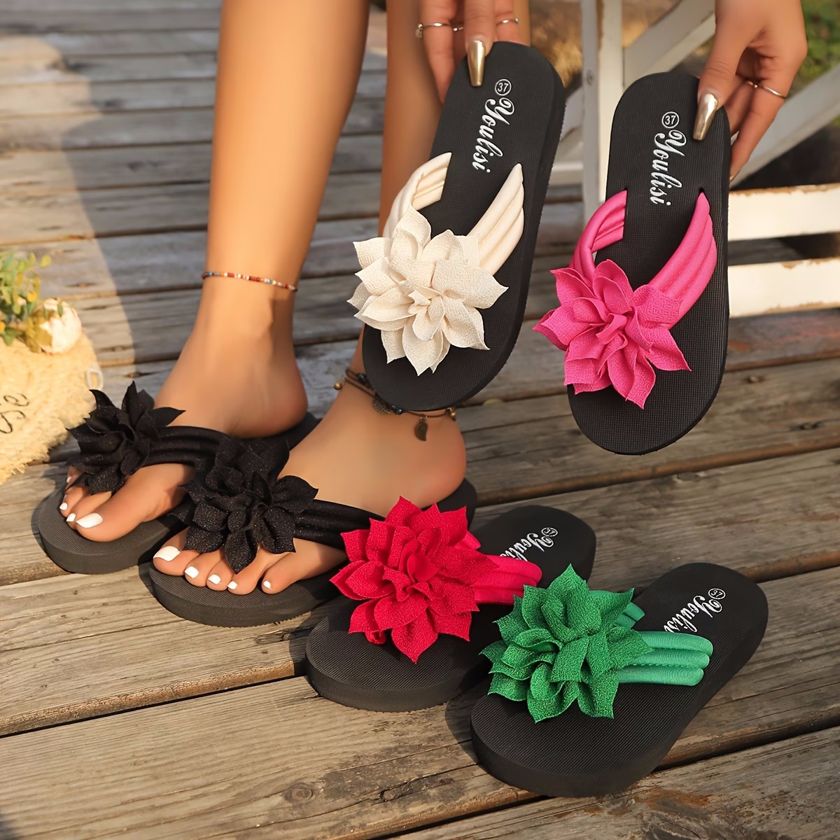 Wide-Fit Women'S Stylish Sandals with Floral Design, Casual Flip-Flops, Flat Beach Vacation Shoes