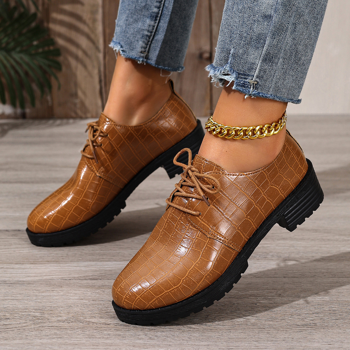 Women's British Style Leather Loafers, Fashion Lace-Up Low Top Shoes with Mid Heel, Comfortable Casual & Dressy Oxfords for Women Gift
