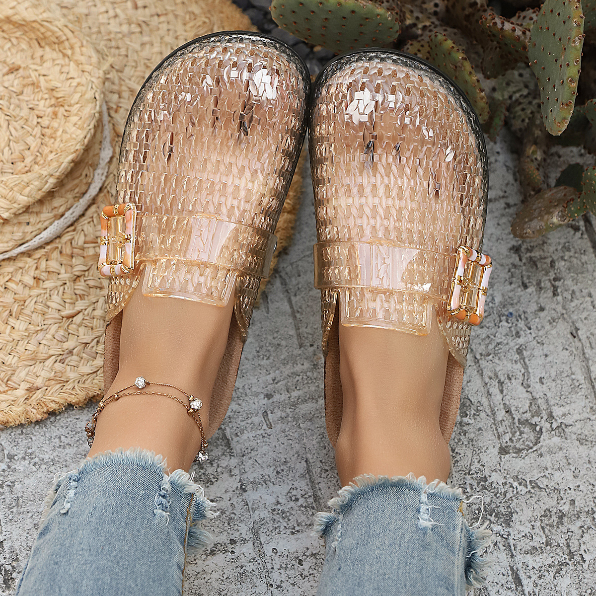 Women's Pearl Sequin Hollow Out Woven Mule Sandals, Casual Breathable Design Slip On Mules, Shoes Mules