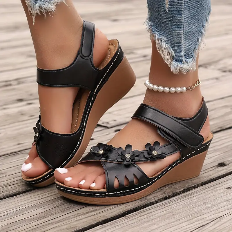 Women's Solid Color Stylish Sandals, Platform Floral Soft Sole Walking Shoes, Comfort Wedge Vacation Shoes