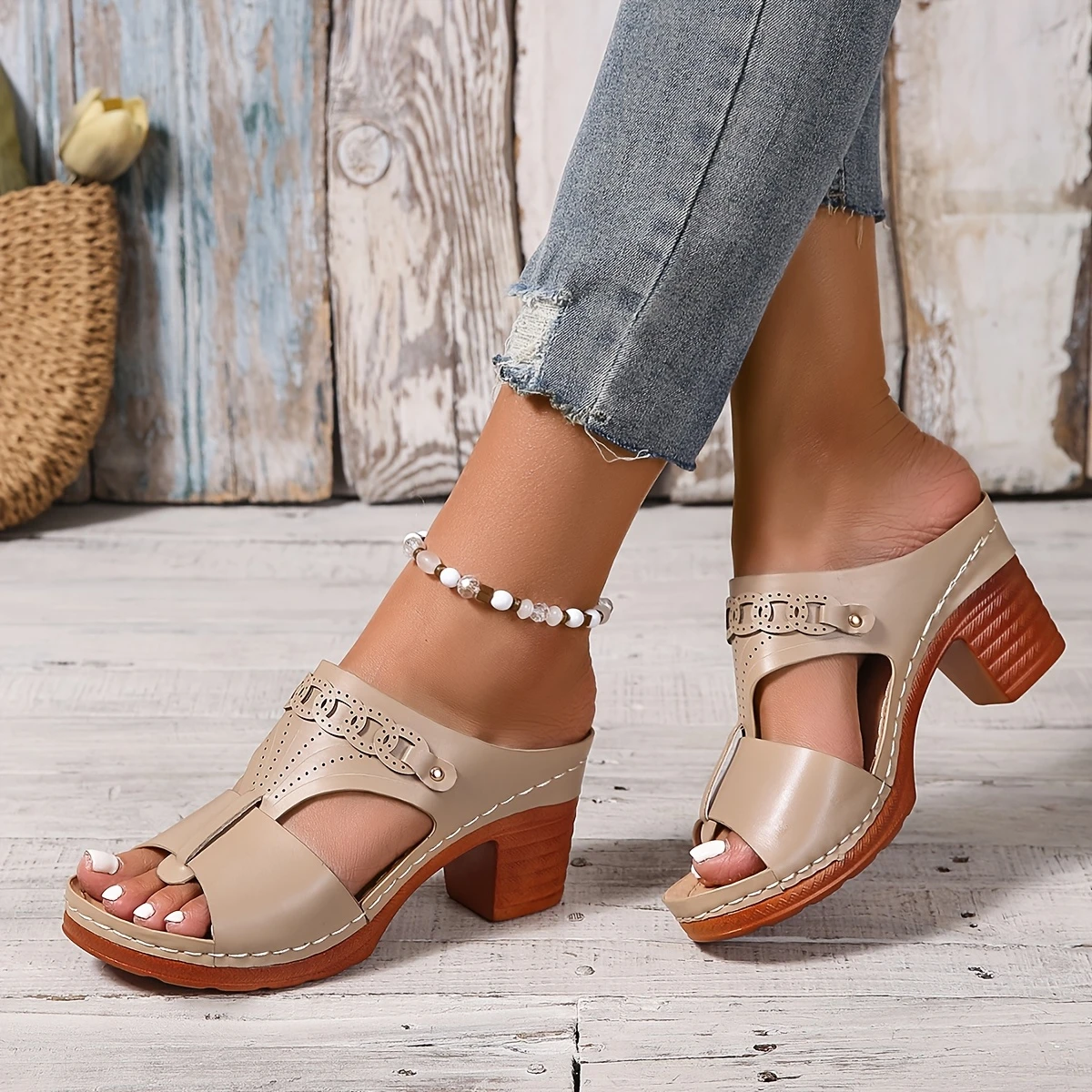 Elegant Comfortable High-Heeled Sandals - Women's Thick-Heeled Sports Open-Toe Shoes with Ankle Straps, Casual Out Shoes, Elegant Style