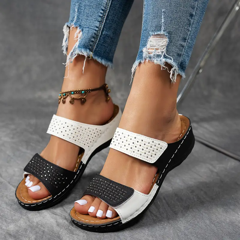 Women's casual solid-color wedge heel sandals, comfortable thick-soled open-toe contrasting sandals, bright diamond-encrusted women's shoes