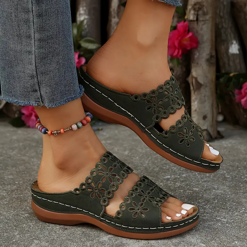 Women's Floral Cut-Out Slide Sandals - Slip-On Mid-Heel Casual Shoes