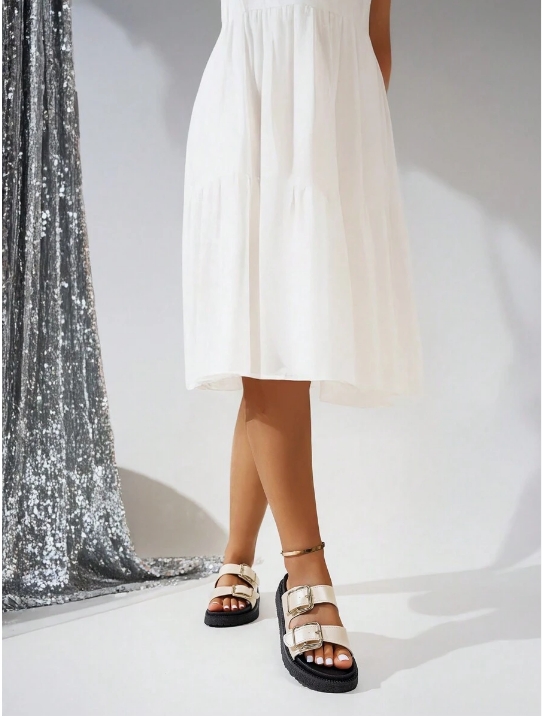 Leopard Print Thick Bottom Soft Bottom Buckle Decorated Open Toe Flat Sandals