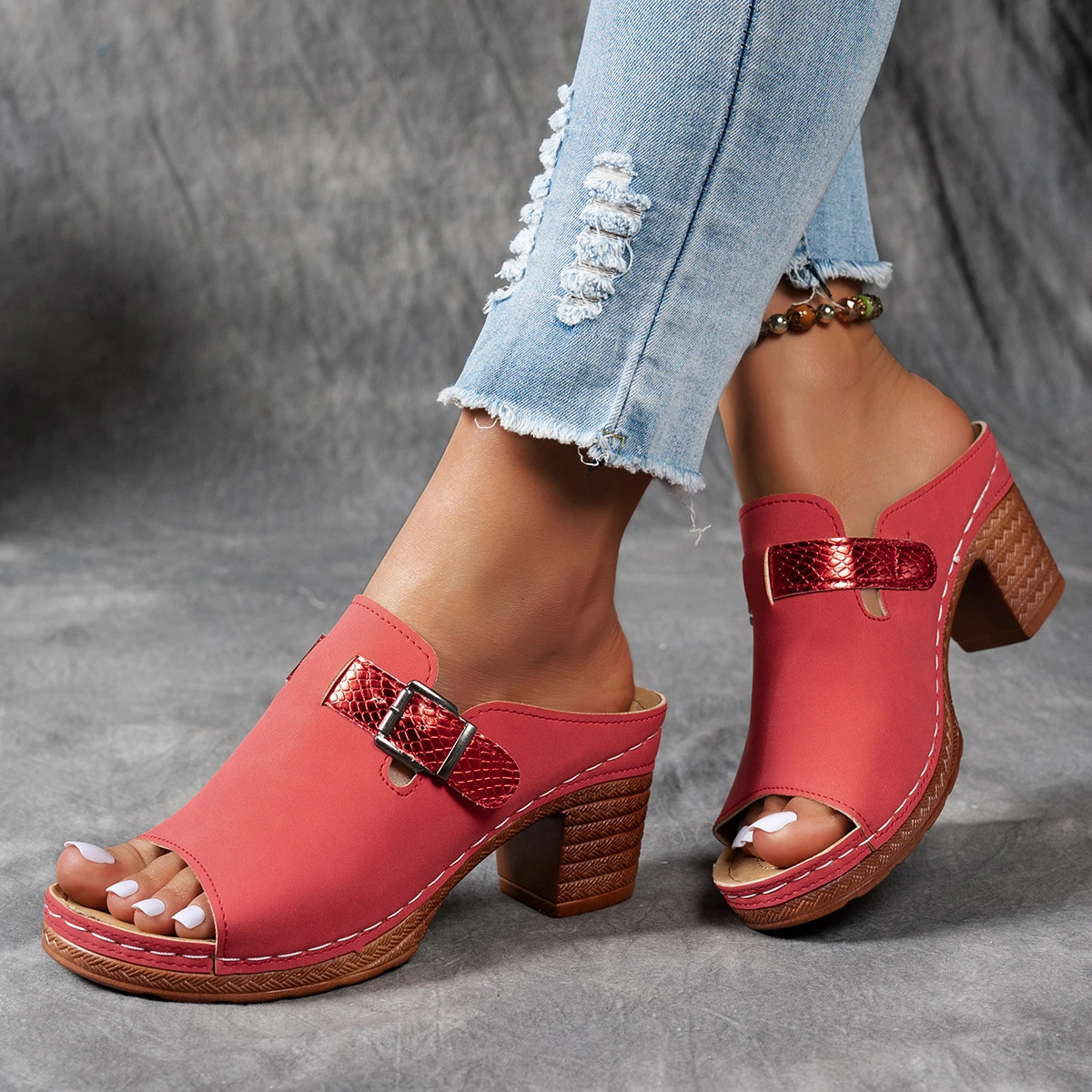 Women's Adjustable Hook-and-Loop Strappy Wedge Sandals - Open Toe Thick Sole with Double Buckle Design, Faux Cover Upper & PU Sole