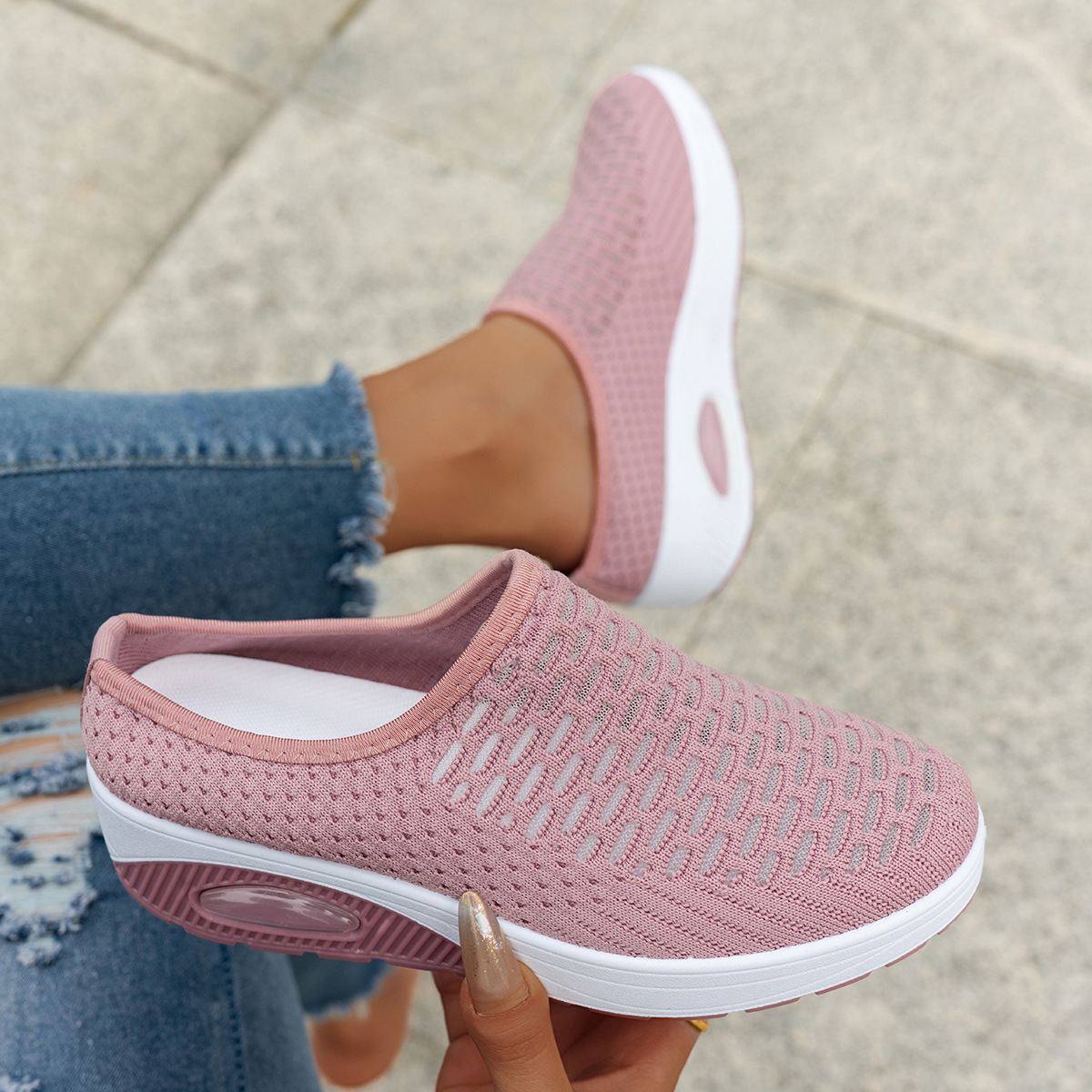  Hands-Free Slip-On Sneakers - Lightweight Knit Upper, EVA Cushioned Sole, Breathable Casual Walking Shoes in Blue with Mesh Pattern