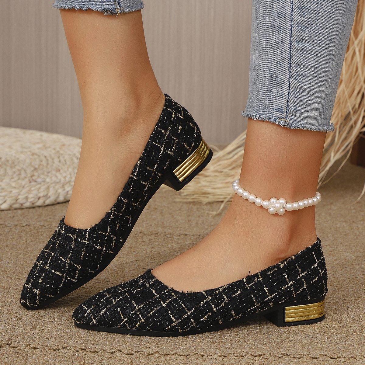 Fashion Women's Shoes, Low-heeled Single Shoes, Ladies' Stylish Single Shoes, Printed Four-season Low-heeled Trendy Women's Shoes