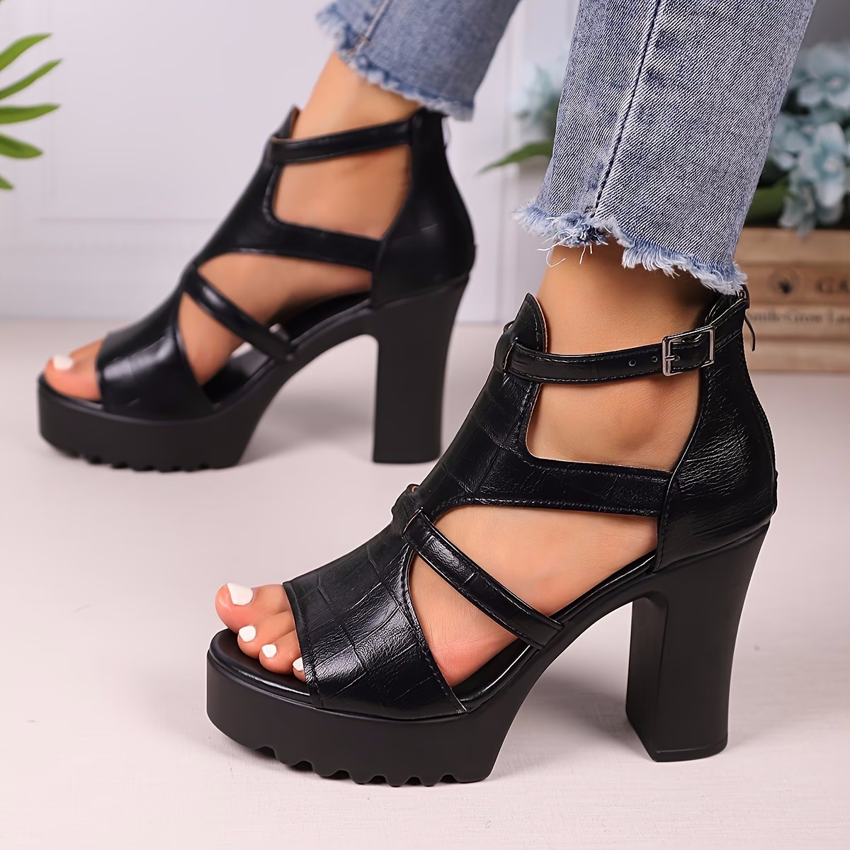 Women's Chunky Heel Open Toe Fashionable Higher Platform   Thick Sole Waterproof Platform Elevator Roman Style High Heels