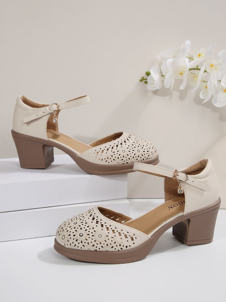 Women's Fashionable Solid Color Hollow Out Design Mary Janes Pumps Sandals