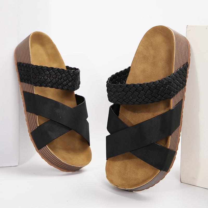 Women Sandals Beach Sandals Slip-On Rubber Sole Thick Bottom Braided Cross Casual Solid Color Slippers