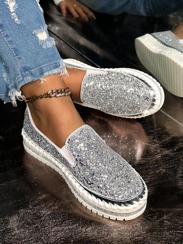 Women's Fashionable Glitter Rhinestone Decorated Slip on Loafers Casual Comfortable Low Top Shoes 