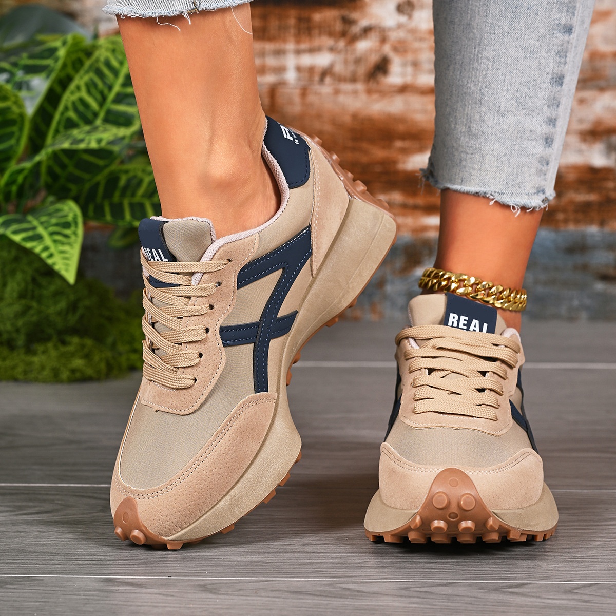 Women's Sporty Thick Sole Low-Top Shoes, Fashion Casual Breathable Round Toe Lace-Up Shoes