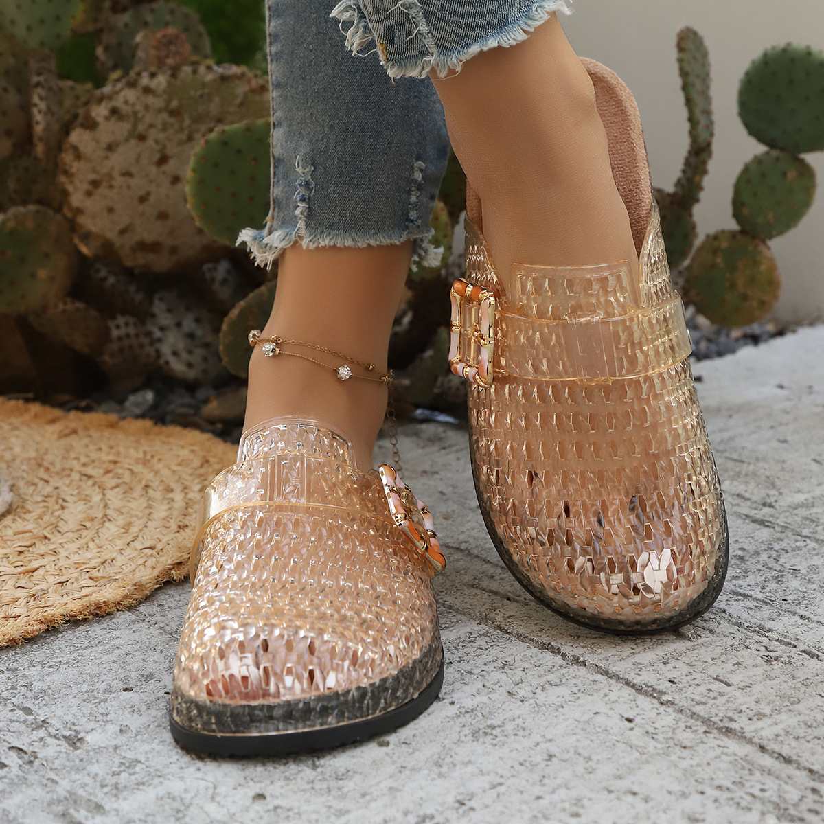 Women's Pearl Sequin Hollow Out Woven Mule Sandals, Casual Breathable Design Slip On Mules, Shoes Mules