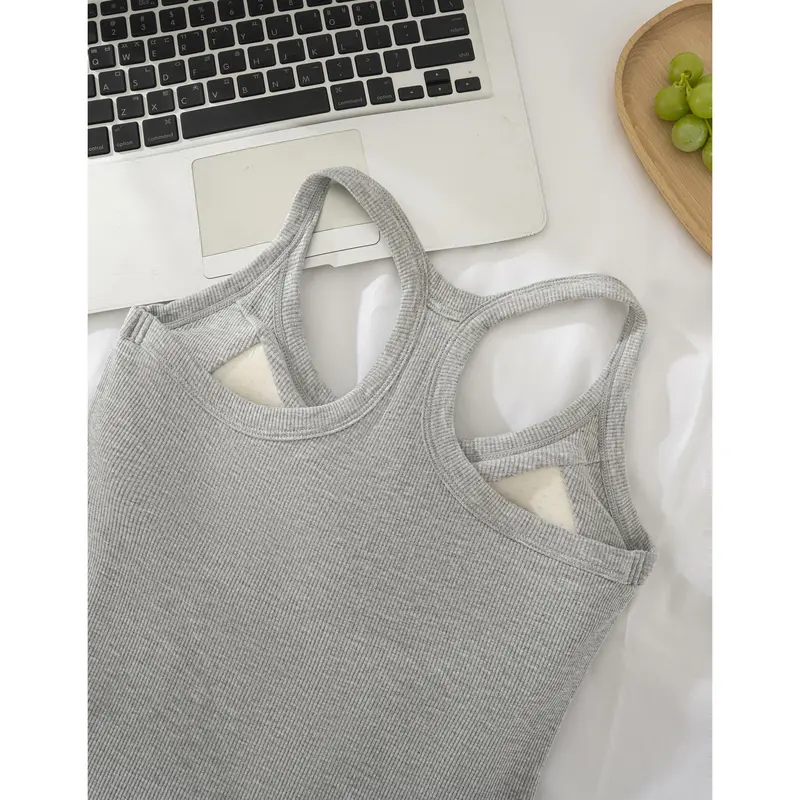  Women's Ribbed Built-in Bra Tank Top Wireless Supportive Workout Yoga Top 