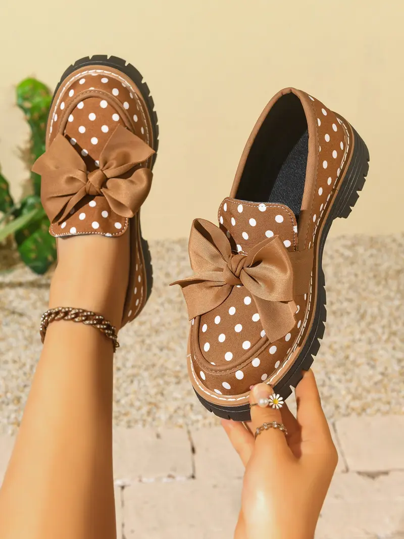 2026 Spring Summer Polka Dot Bow Tie British Style Classic Flatform Loafers Thick Sole Women's Leather Shoes