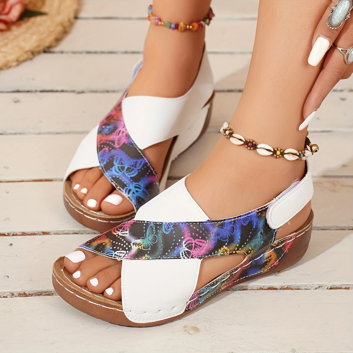 Women'S Plus Size Wedge Sandals - Comfortable Open Toe Platform Heels with Hook-and-loop Fastener Strap, Mid-Heel, Faux Cover, for Casual Summer Wear, Strappy Sandals