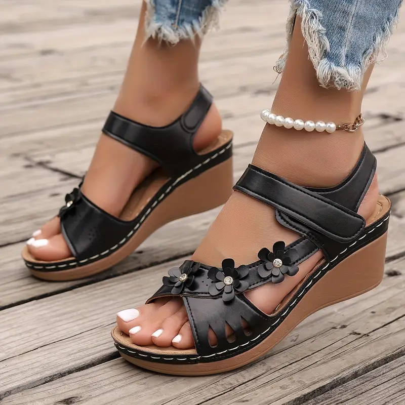 Women's Solid Color Stylish Sandals, Platform Floral Soft Sole Walking Shoes, Comfort Wedge Vacation Shoes