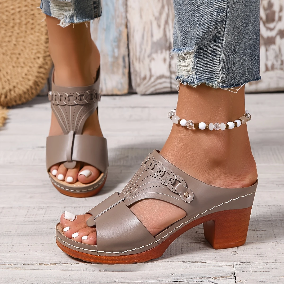 Elegant Comfortable High-Heeled Sandals - Women's Thick-Heeled Sports Open-Toe Shoes with Ankle Straps, Casual Out Shoes, Elegant Style