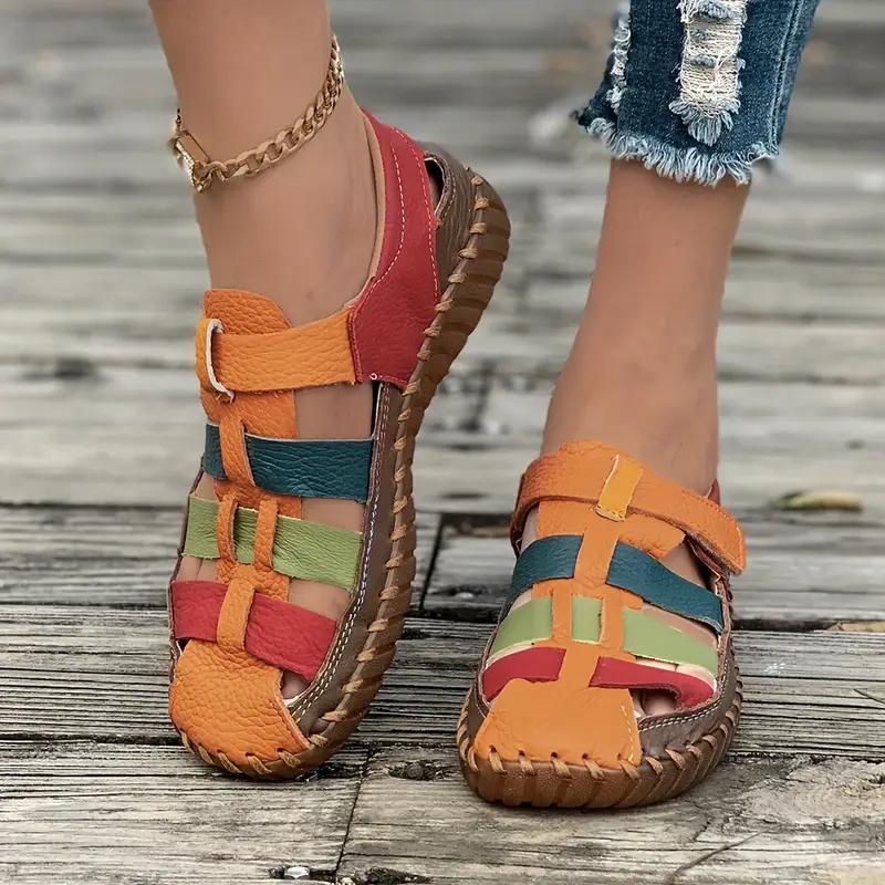 Ladies' colored striped flat loafers - soft rubber soles, round toe, ankle strap casual and driving shoes