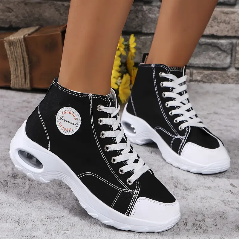 Women's lightweight canvas sneakers - comfortable high-top casual shoe with air cushioned sole and lace-up closure