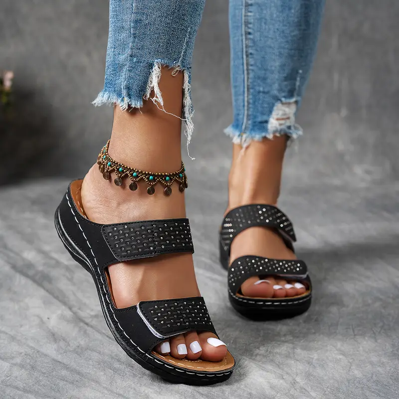 Women's casual solid-color wedge heel sandals, comfortable thick-soled open-toe contrasting sandals, bright diamond-encrusted women's shoes