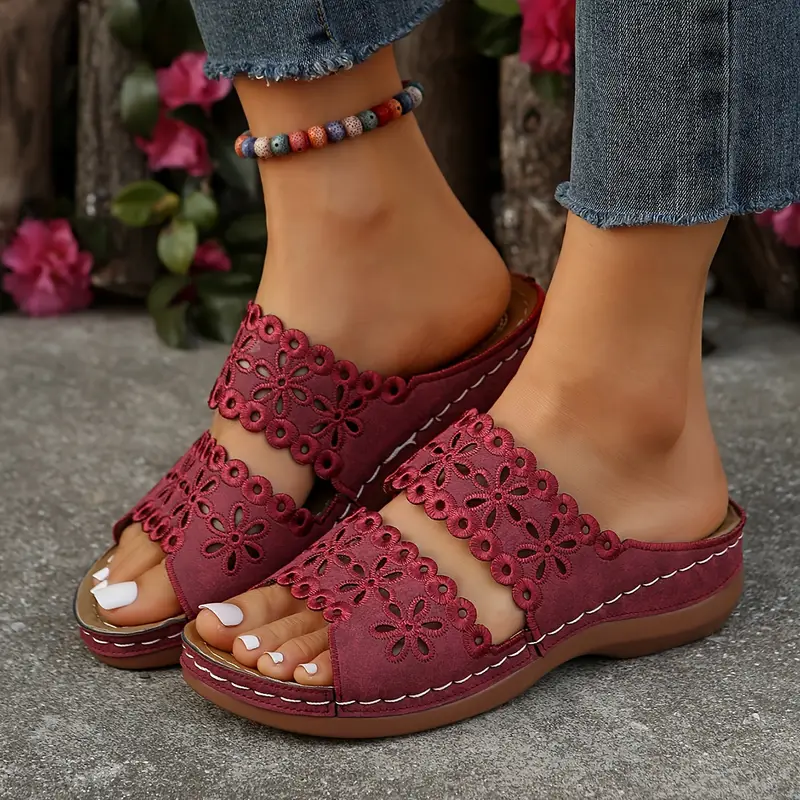 Women's Floral Cut-Out Slide Sandals - Slip-On Mid-Heel Casual Shoes