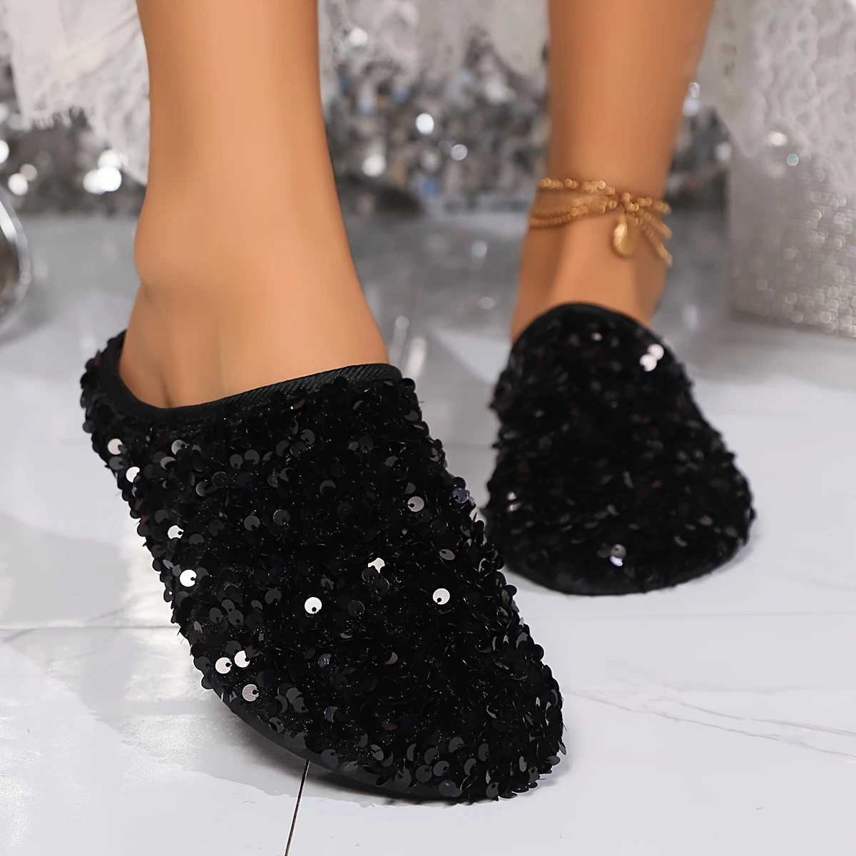 Breathable Sequin Half-Slip Flats - Comfortable Women's Shoes - TPR Sole