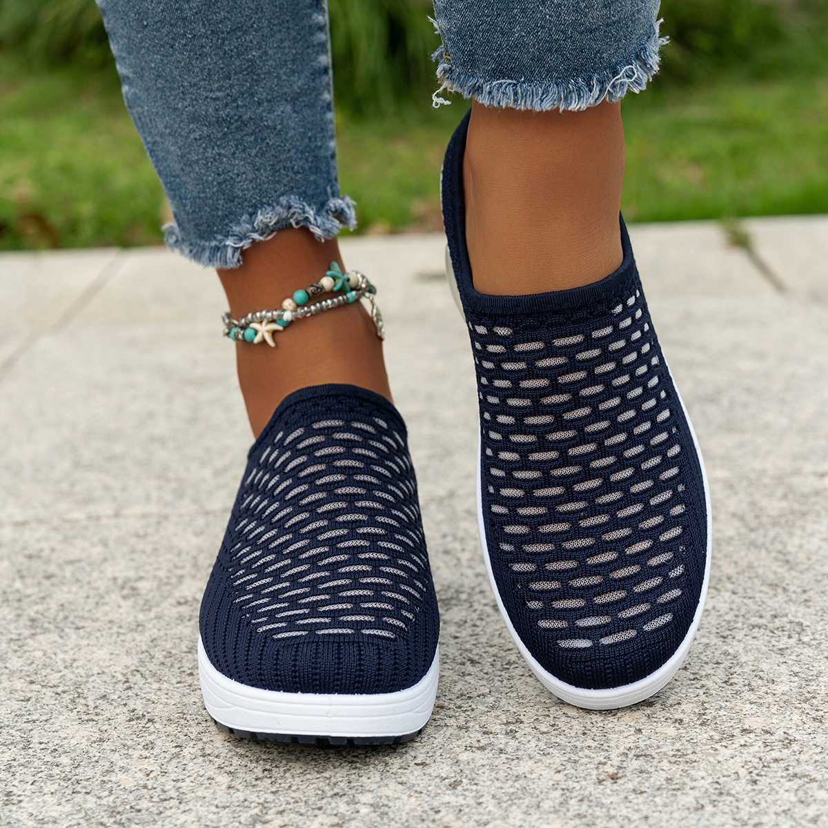  Hands-Free Slip-On Sneakers - Lightweight Knit Upper, EVA Cushioned Sole, Breathable Casual Walking Shoes in Blue with Mesh Pattern