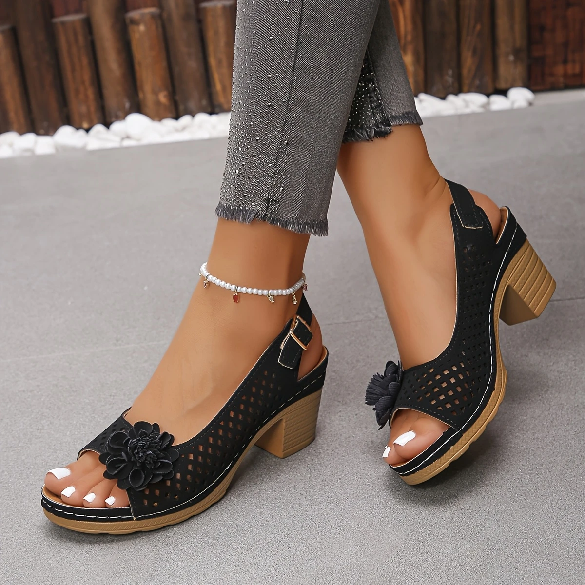 Women's Summer Casual Breathable Mid-Block Heel Sandals - Comfortable Round Toe Synthetic Cover Shoes with TPR Sole
