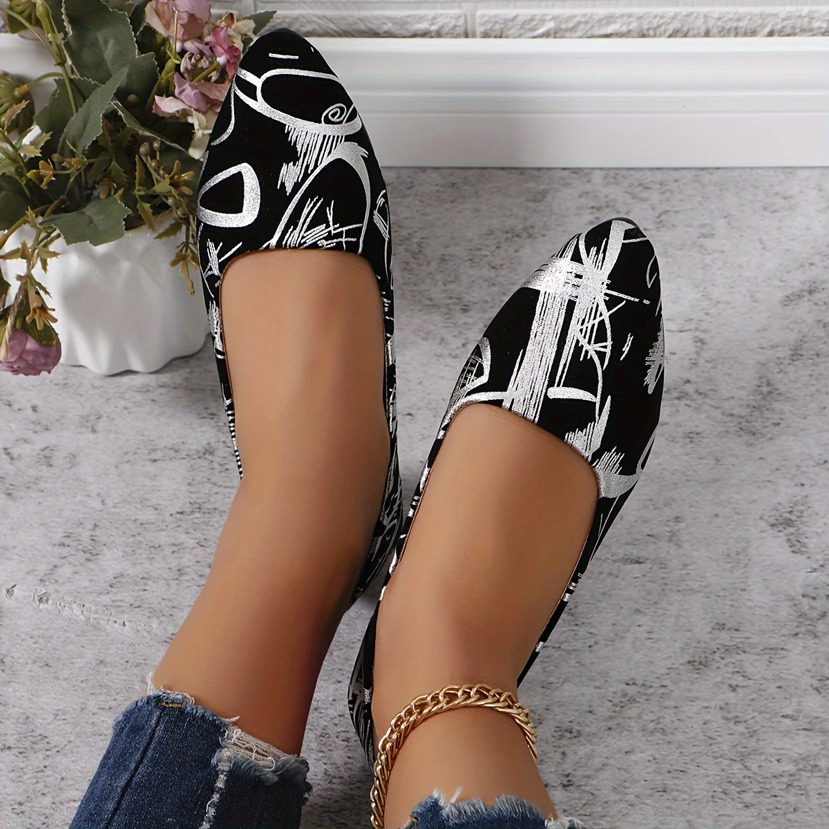 Fashion Women's Shoes, Low-heeled Single Shoes, Ladies' Stylish Single Shoes, Printed Four-season Low-heeled Trendy Women's Shoes