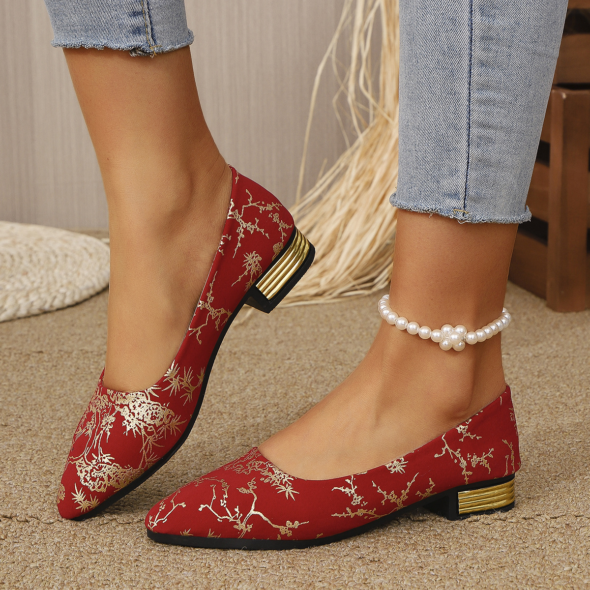 Fashion Women's Shoes, Low-heeled Single Shoes, Ladies' Stylish Single Shoes, Printed Four-season Low-heeled Trendy Women's Shoes