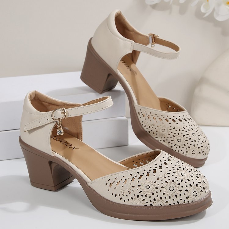 Women's Fashionable Solid Color Hollow Out Design Mary Janes Pumps Sandals