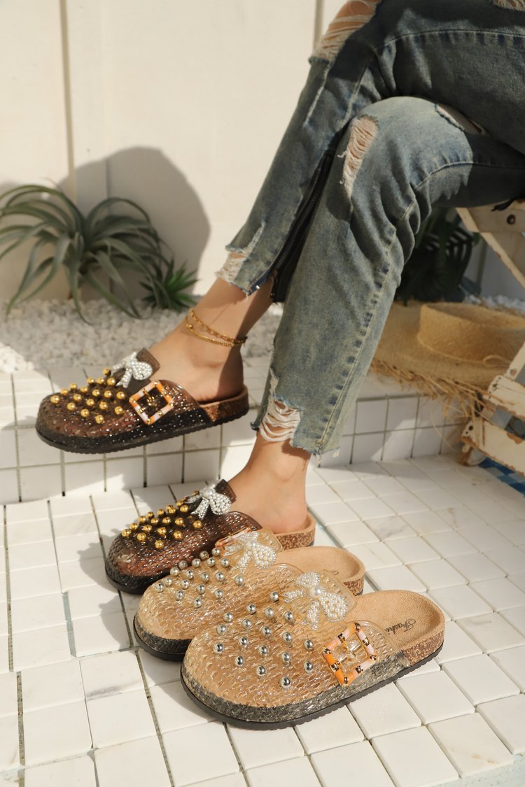 Women's Pearl Sequin Hollow Out Woven Mule Sandals, Casual Breathable Design Slip On Mules, Shoes Mules