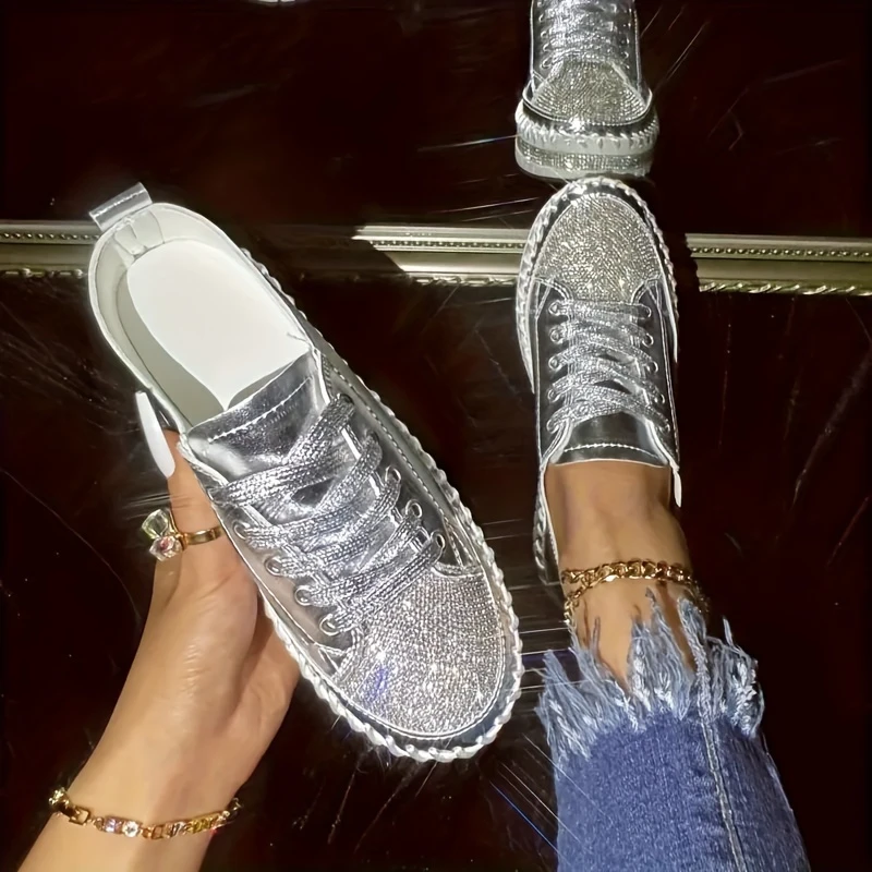 Glittering Rhinestone orthopedic Women's Sneakers, Fashionable Platform Casual Shoes, Plus Size