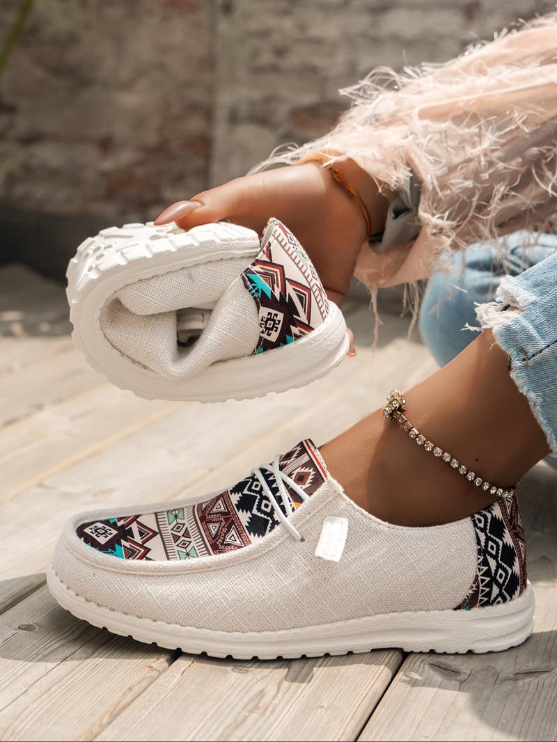 Women's Summer Fashionable Ethnic Pattern Lace Up Front Running Orthopedic Canvas Shoes