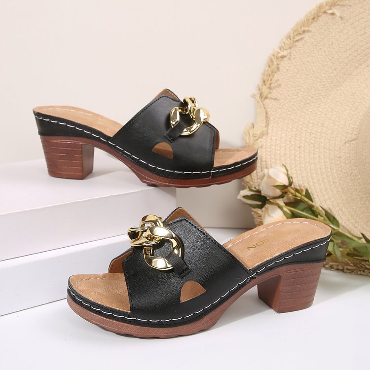 Summer Women's Heeled Slides - Comfortable Orthopedic Slippers with Cushioned Arch Support, Non-Slip Rubber Sole & Adjustable Strap for Indoor/Outdoor, Beach, Casual Wear