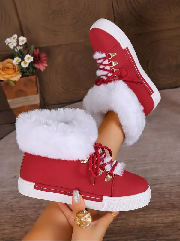 New Style Women's Solid Color Lace Up Ankle Boots Casual Warm Plush Design Boots for Fall & Winter
