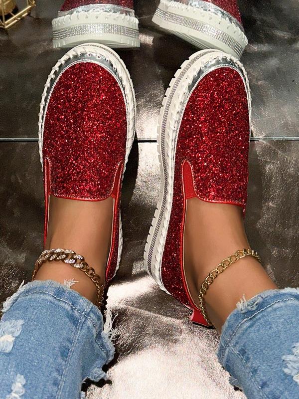 Women's Fashionable Glitter Rhinestone Decorated Slip on Loafers Casual Comfortable Low Top Shoes 