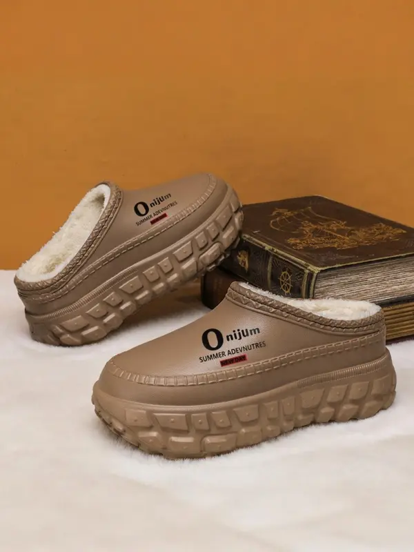 Men's Letter Pattern Plush WarmSlippers,Casual Comfortable Home Slippers,Non-slip Thick Sole Slippers for Indoor & OutdoorWear