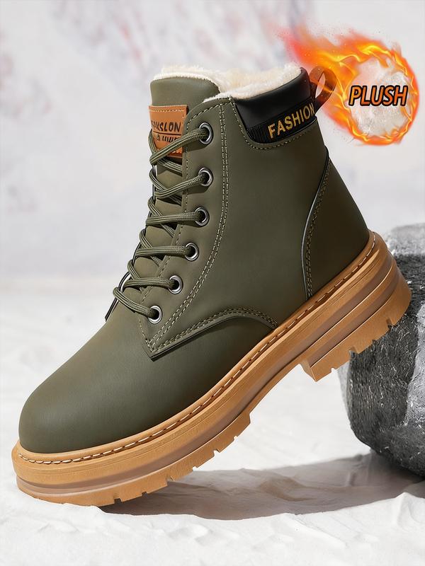 Men's Plain Color British Style Mid-Calf Boots, Fleece Lined Warm, Fashionable Outdoor & Daily Wear, Sporty PU Material, Fall&winter