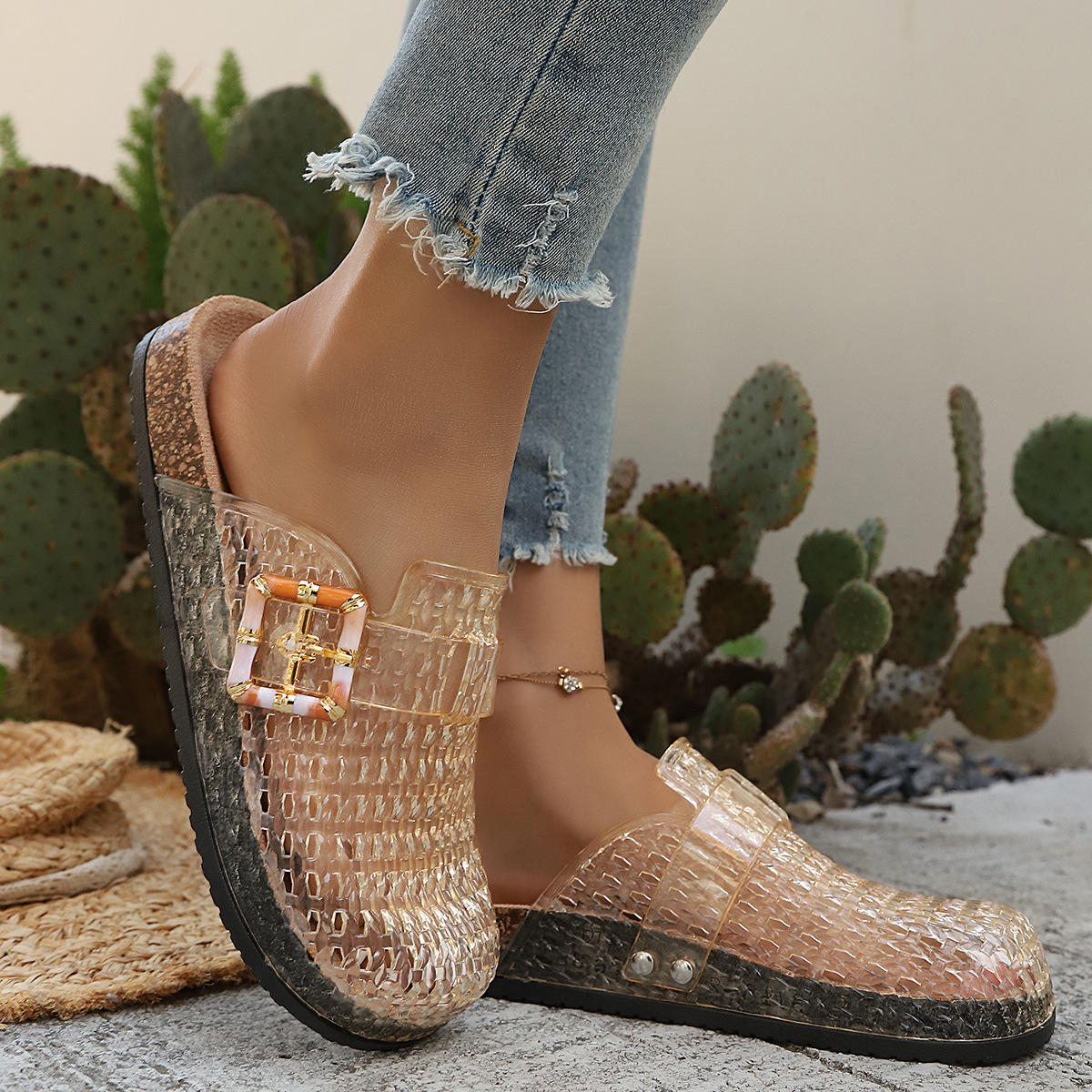 Women's Pearl Sequin Hollow Out Woven Mule Sandals, Casual Breathable Design Slip On Mules, Shoes Mules