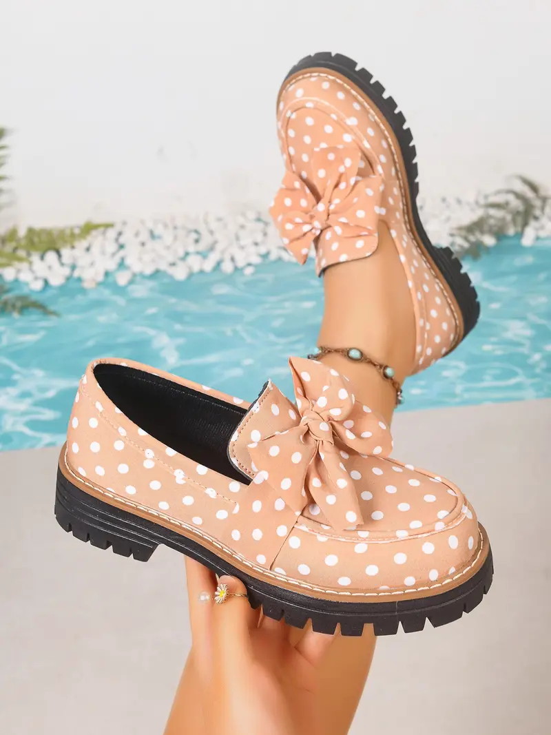 2026 Spring Summer Polka Dot Bow Tie British Style Classic Flatform Loafers Thick Sole Women's Leather Shoes