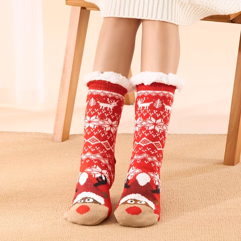 1 Pair of Christmas Plush-lined Thermal Socks, Soft and Comfortable Mid-calf Socks, Women's House Slippers and Socks