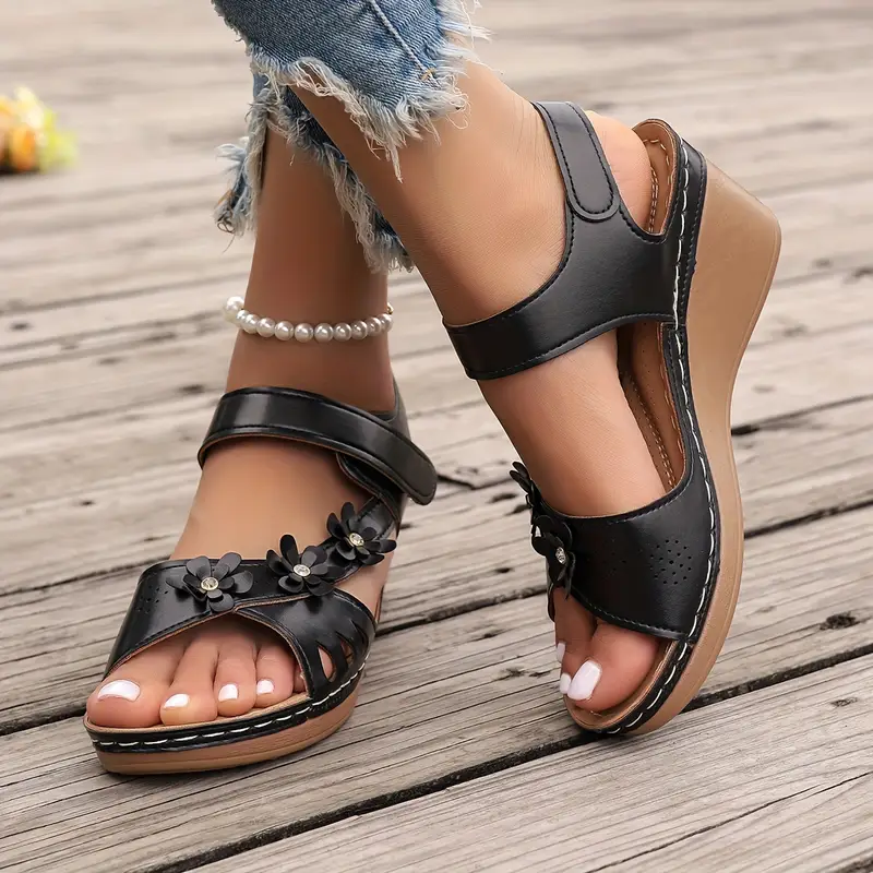 Women's Solid Color Stylish Sandals, Platform Floral Soft Sole Walking Shoes, Comfort Wedge Vacation Shoes