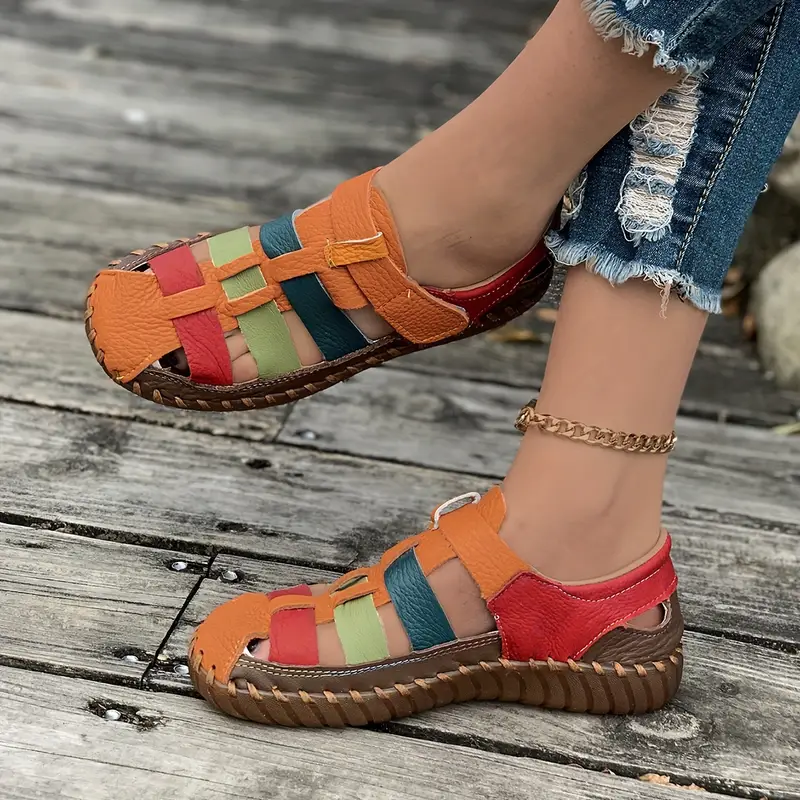 Ladies' colored striped flat loafers - soft rubber soles, round toe, ankle strap casual and driving shoes